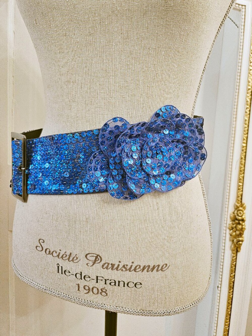 EMPORIO ARMANI blue, Leather / Sequins belt, size IT 42, US 6, NEW